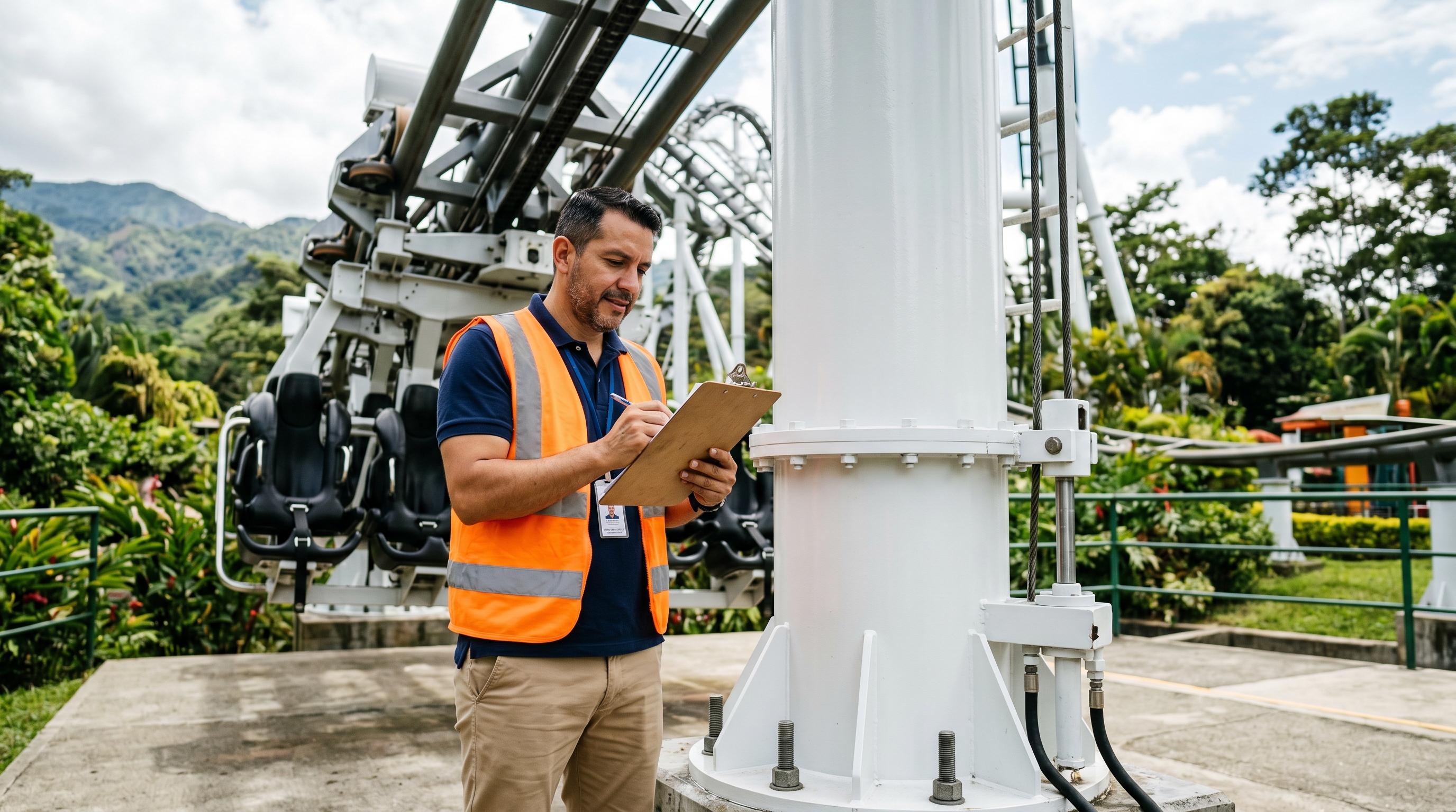 Consultor revisando un checklist operativo junto a una atracción mecánica