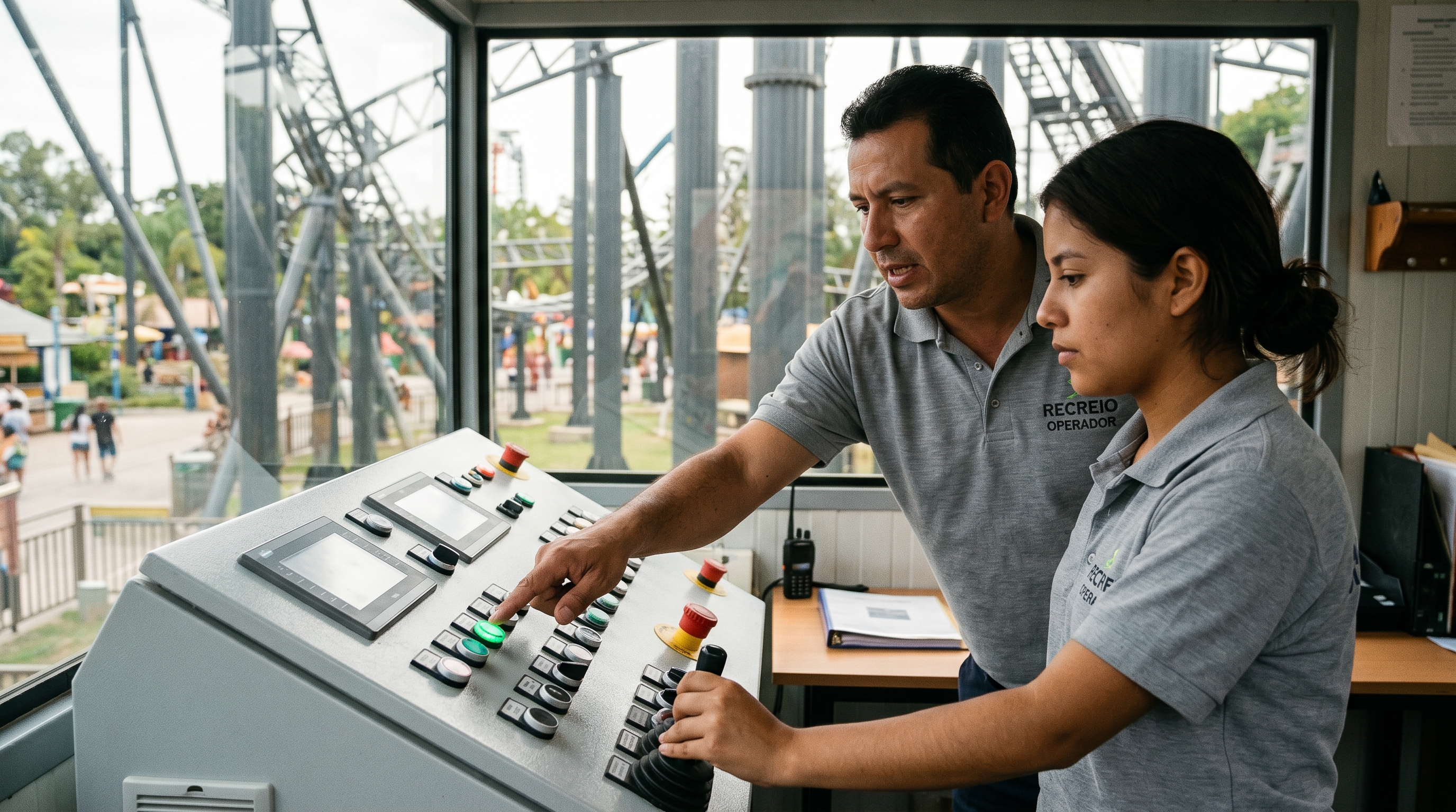 Capacitación práctica de operadores en cabina de control de atracción