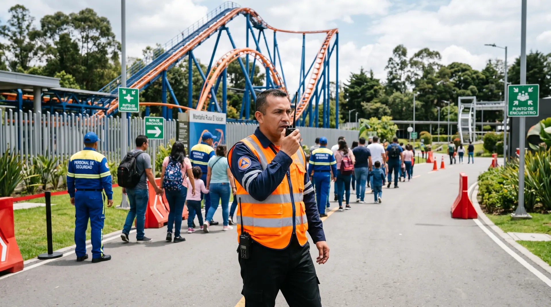 Coordinador dirigiendo simulacro de evacuación en parque
