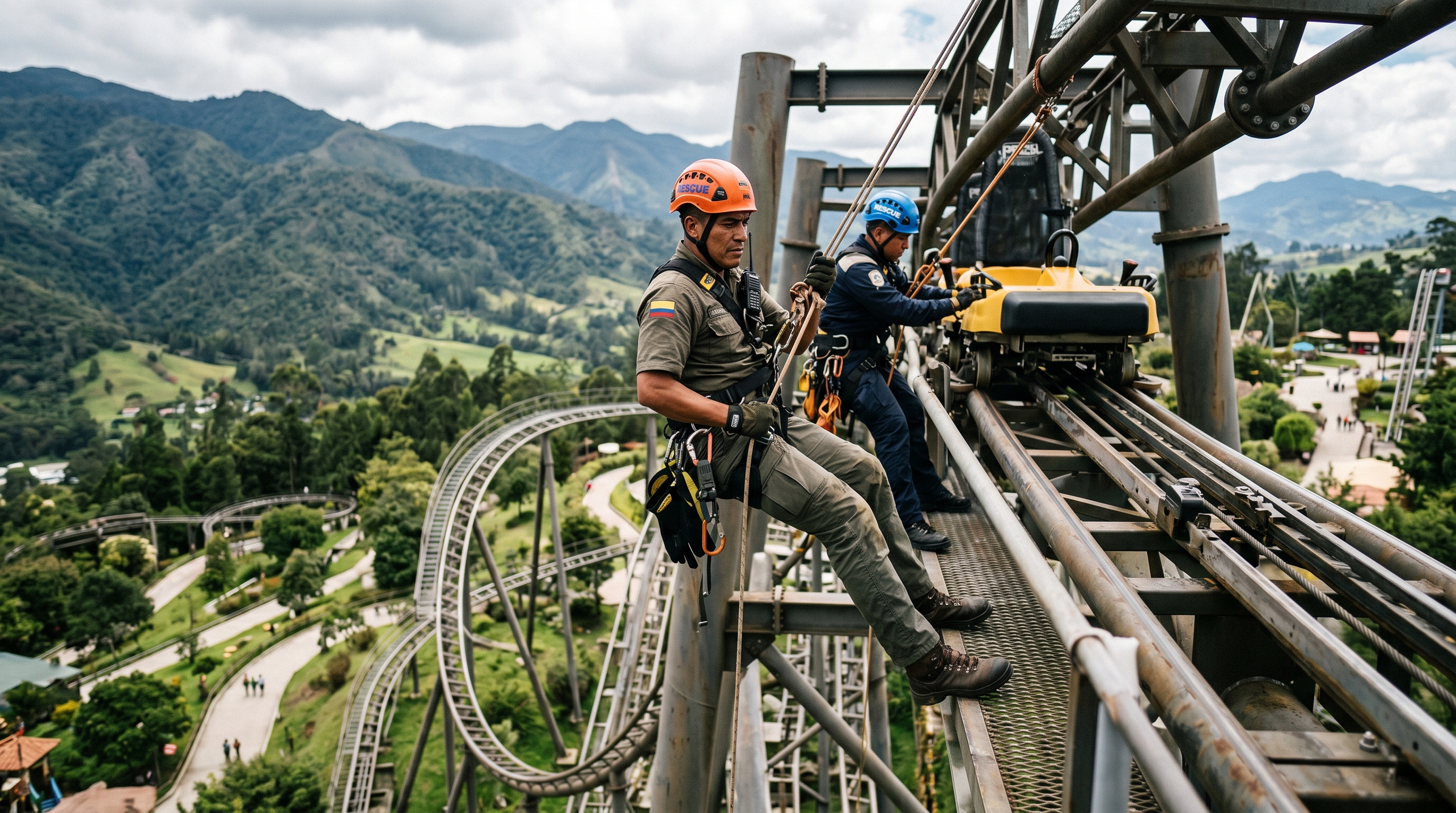 Equipo de rescate sobre estructura de montaña rusa con paisaje andino al fondo